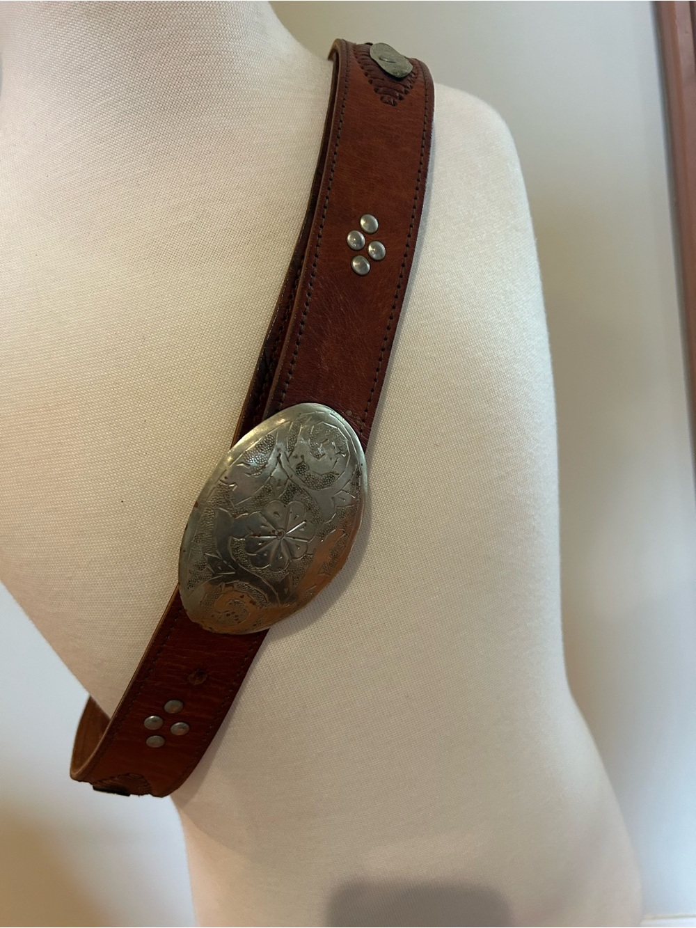 Chico's Brown Leather Strap with Engraved Silver-Tone Oval Buckle